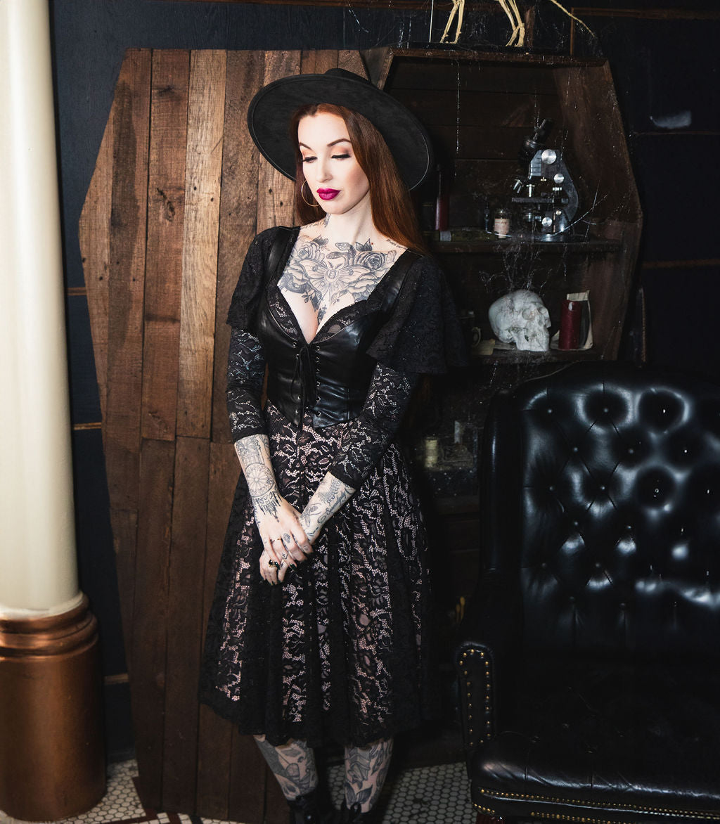 Tempest - Illusion Lace Dress with Vegan Leather Faux Corset -  - 