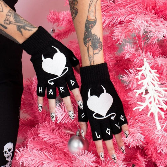 Hard Love Black Fingerless Winter Knit Gloves With Devil Heart