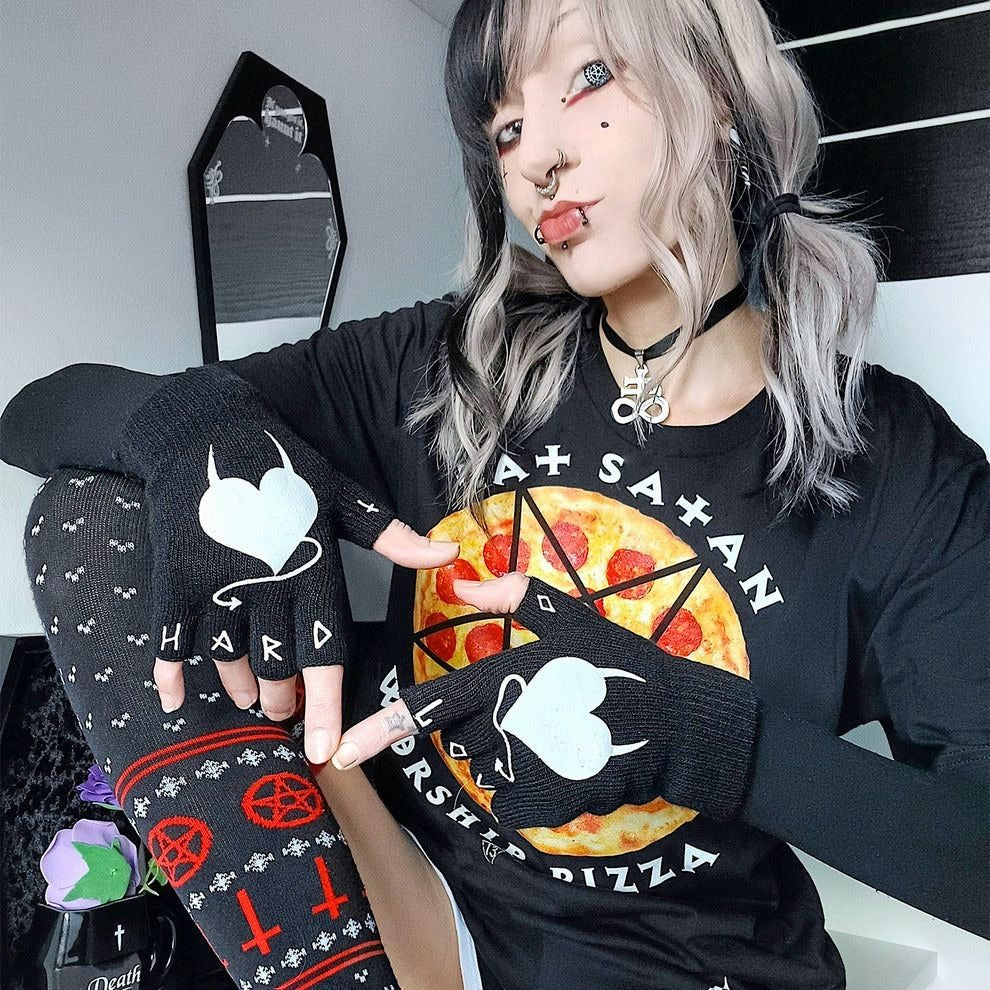 Hard Love Black Fingerless Winter Knit Gloves With Devil Heart