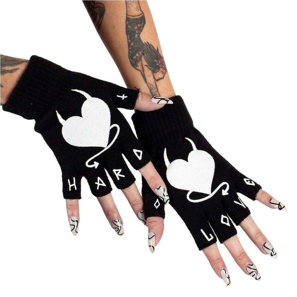 Hard Love Black Fingerless Winter Knit Gloves With Devil Heart
