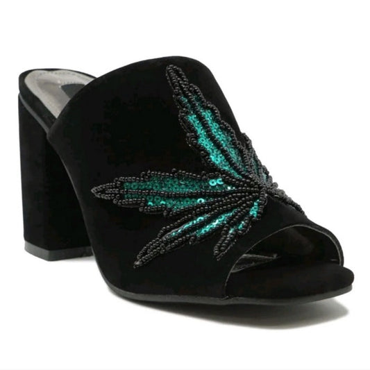Women's Open Toe Black Velvet Mary Jane Block Heel Mules - Iron Fist - Heels