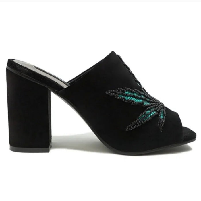 Women's Open Toe Black Velvet Mary Jane Block Heel Mules - Iron Fist - Heels