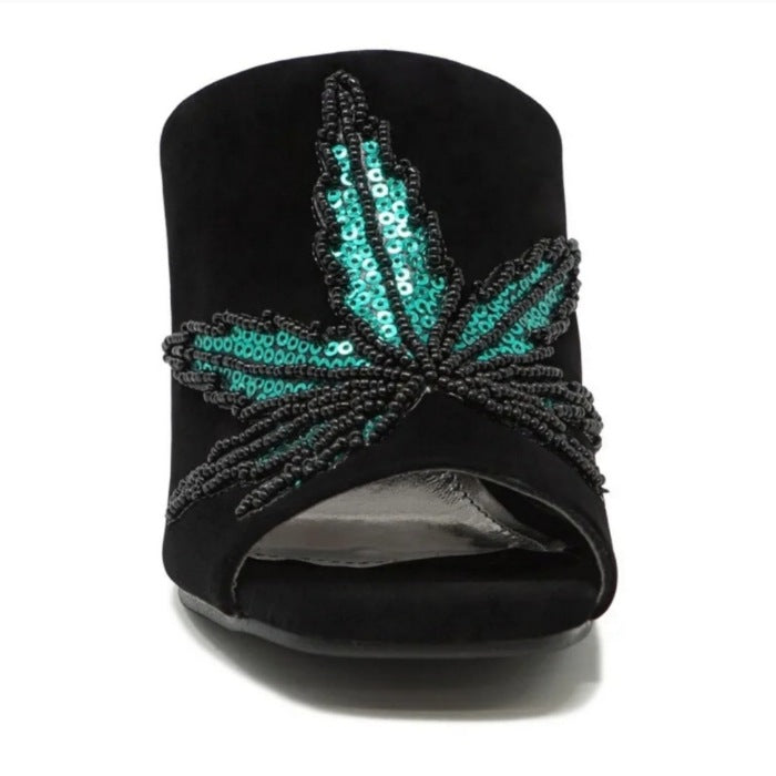 Women's Open Toe Black Velvet Mary Jane Block Heel Mules - Iron Fist - Heels
