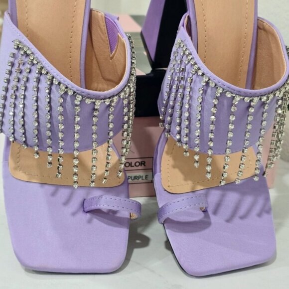Ebony Purple Vegan Leather Chunky Heels with Rhinestone Fringe