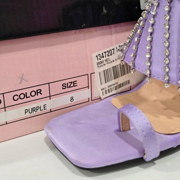 Ebony Purple Vegan Leather Chunky Heels with Rhinestone Fringe