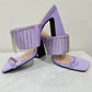 Ebony Purple Vegan Leather Chunky Heels with Rhinestone Fringe