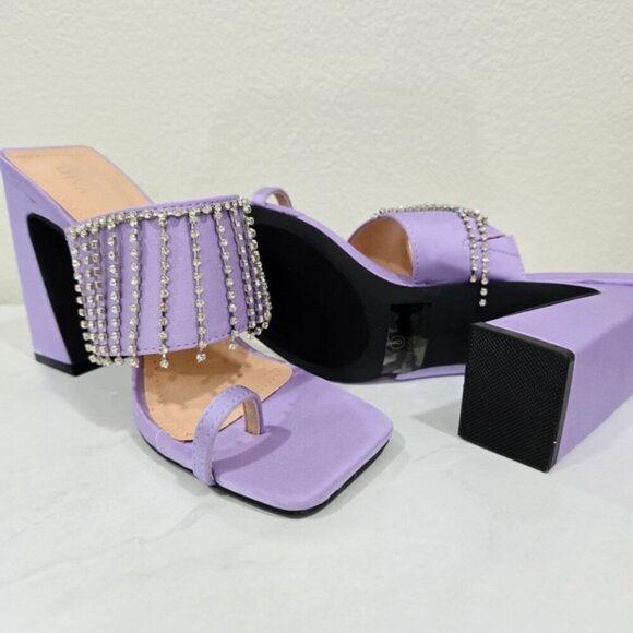 Ebony Purple Vegan Leather Chunky Heels with Rhinestone Fringe