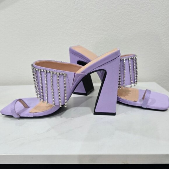 Ebony Purple Vegan Leather Chunky Heels with Rhinestone Fringe