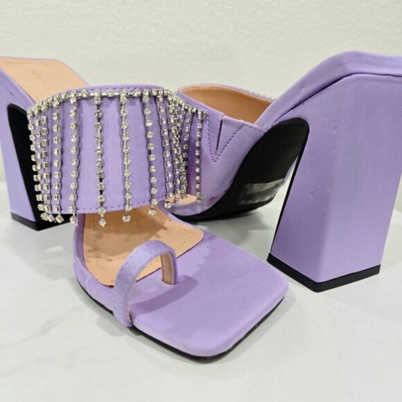Ebony Purple Vegan Leather Chunky Heels with Rhinestone Fringe