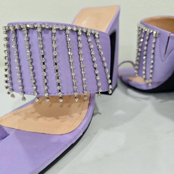 Ebony Purple Vegan Leather Chunky Heels with Rhinestone Fringe
