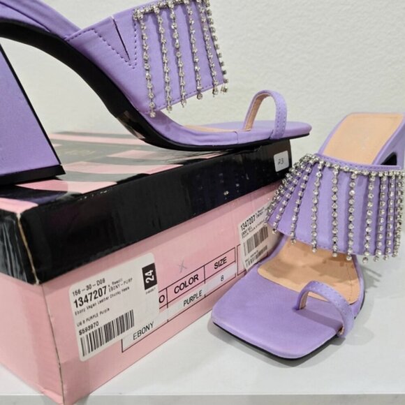 Ebony Purple Vegan Leather Chunky Heels with Rhinestone Fringe