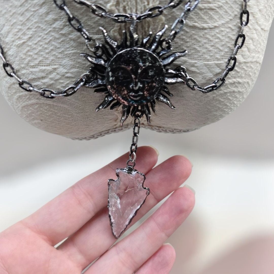 Moon & Sun Necklace ✦ Celestial Medallion ✦ Quartz Arrowhead ✦ Rare
