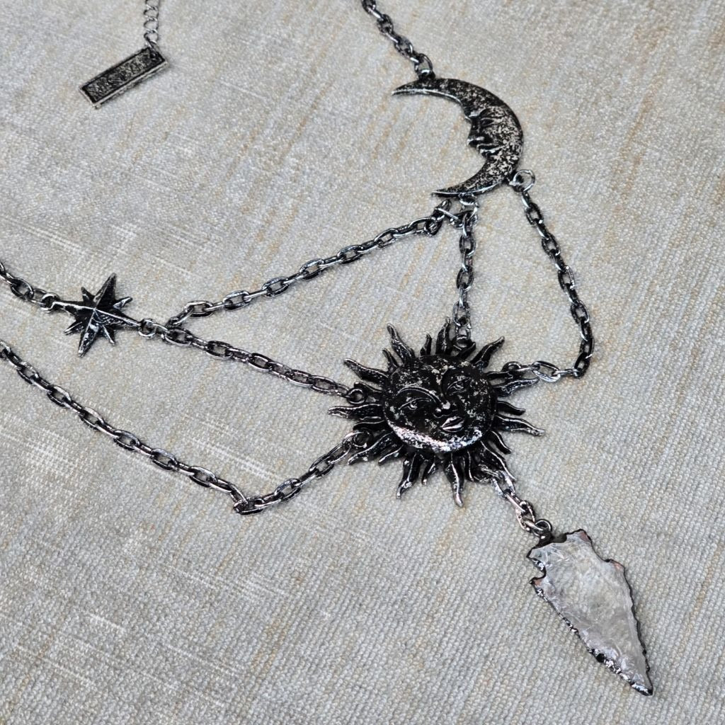 Moon & Sun Necklace ✦ Celestial Medallion ✦ Quartz Arrowhead ✦ Rare