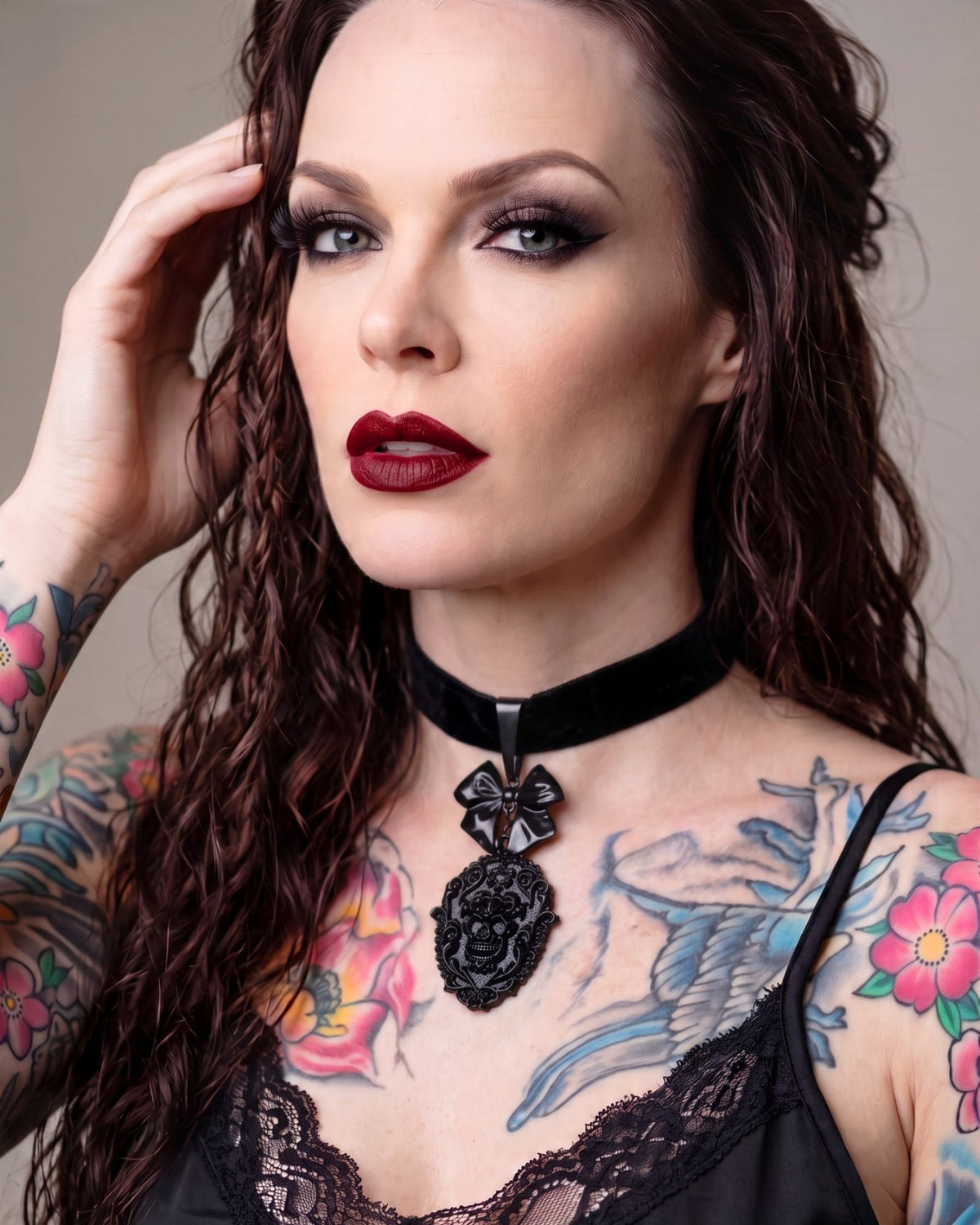 Killstar Sorrows Choker Velvet Band Black Skull Cameo Bow Gothic Necklace