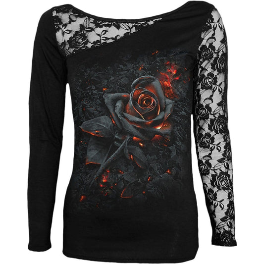 BURNT ROSE - Lace One Shoulder Top Black -  - Tops - Long Sleeve