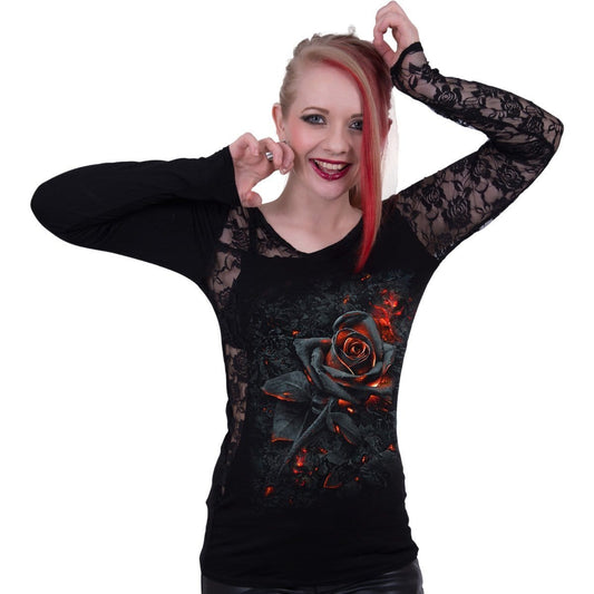 BURNT ROSE - Lace One Shoulder Top Black -  - Tops - Long Sleeve