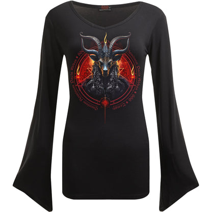 BAPHOMET - V Neck Goth Sleeve Top Black -  - Tops - Long Sleeve