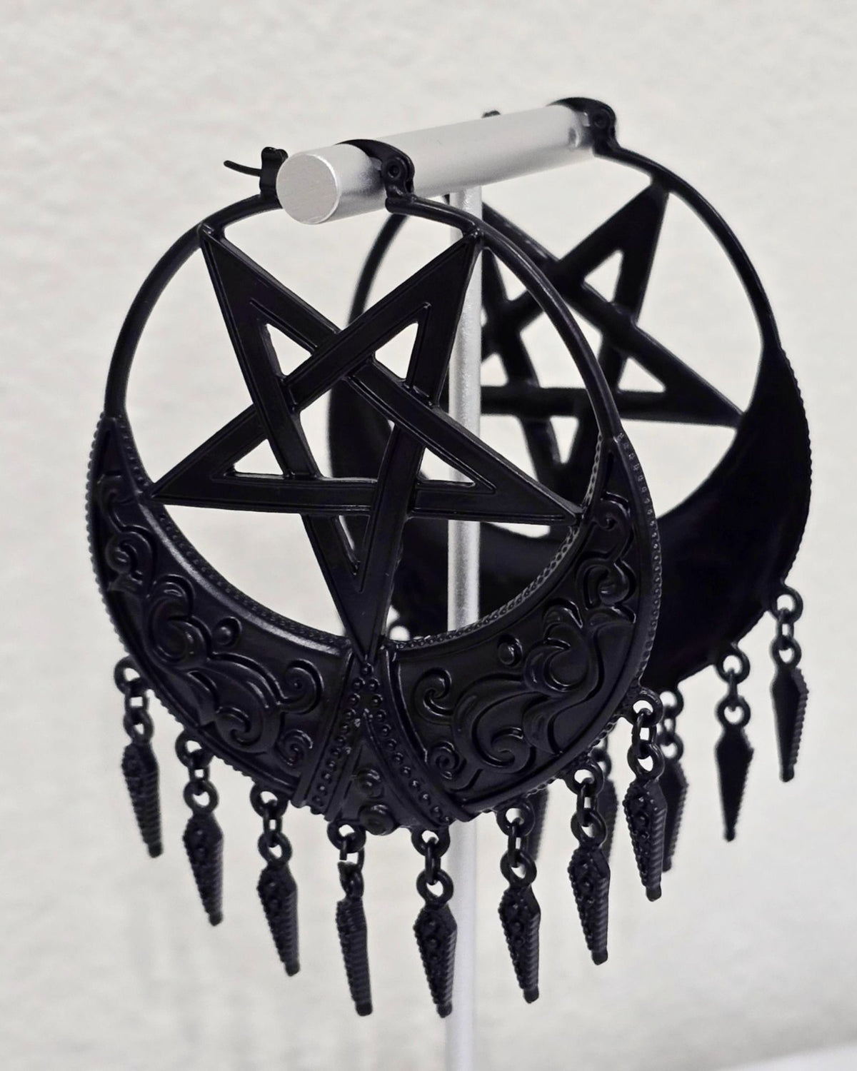 Title: Killstar Ancestral Night Matte Black Pentagram Crescent Fringe Hoop Earrings
