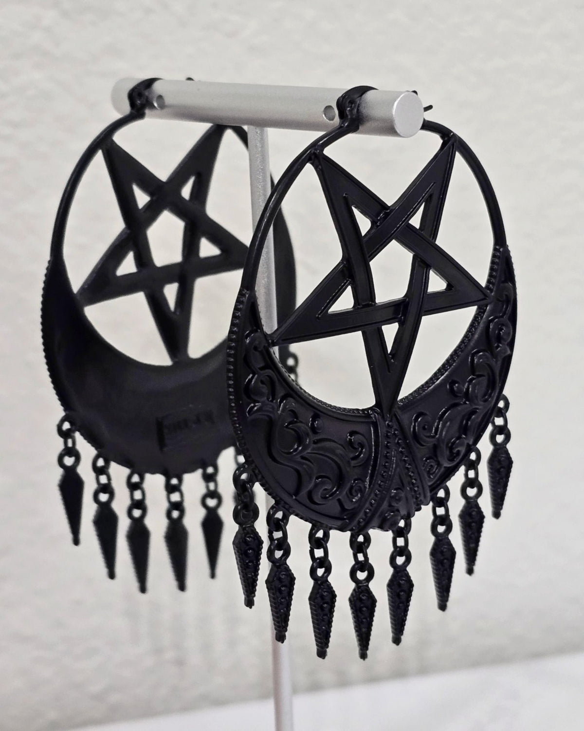 Title: Killstar Ancestral Night Matte Black Pentagram Crescent Fringe Hoop Earrings