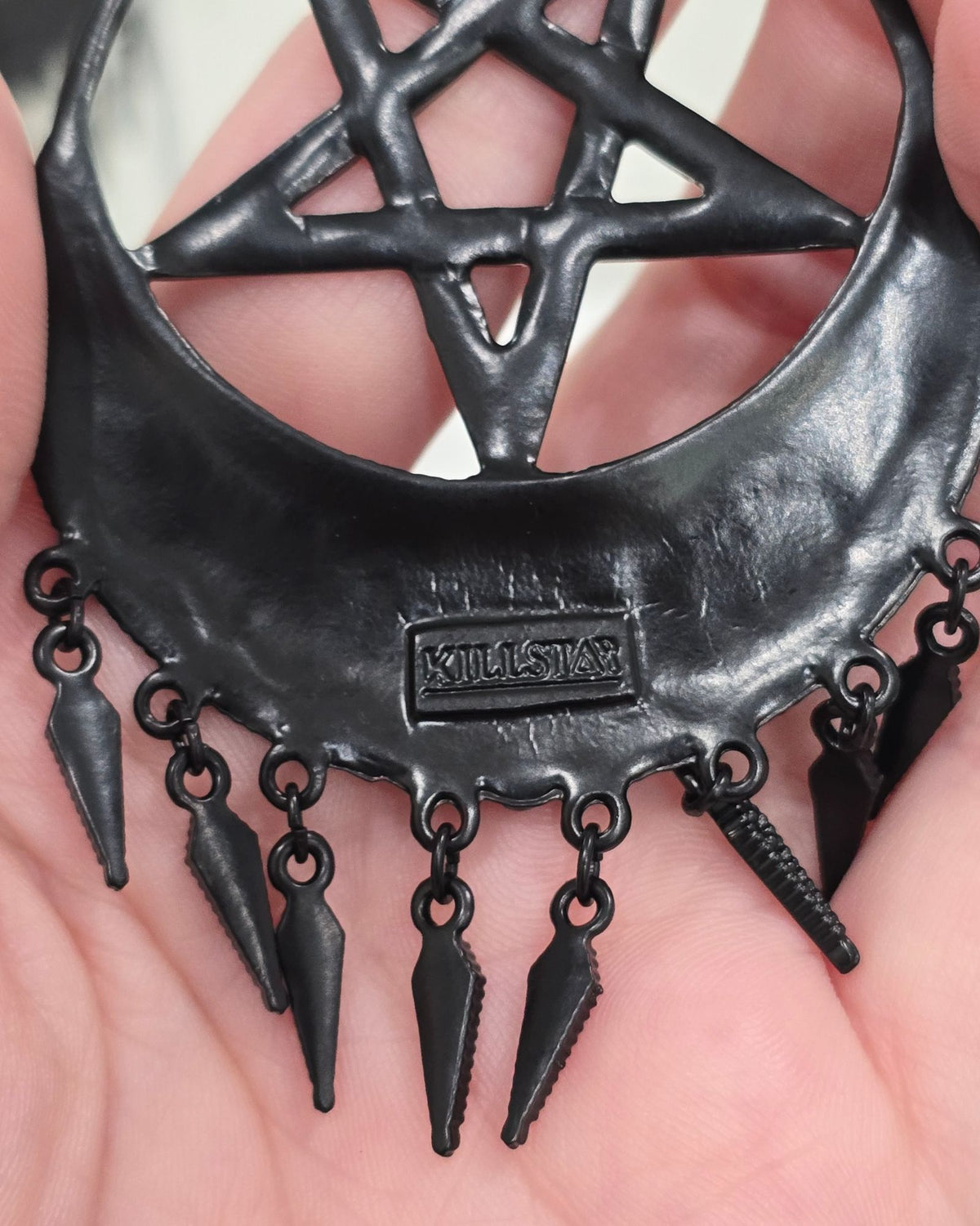 Title: Killstar Ancestral Night Matte Black Pentagram Crescent Fringe Hoop Earrings