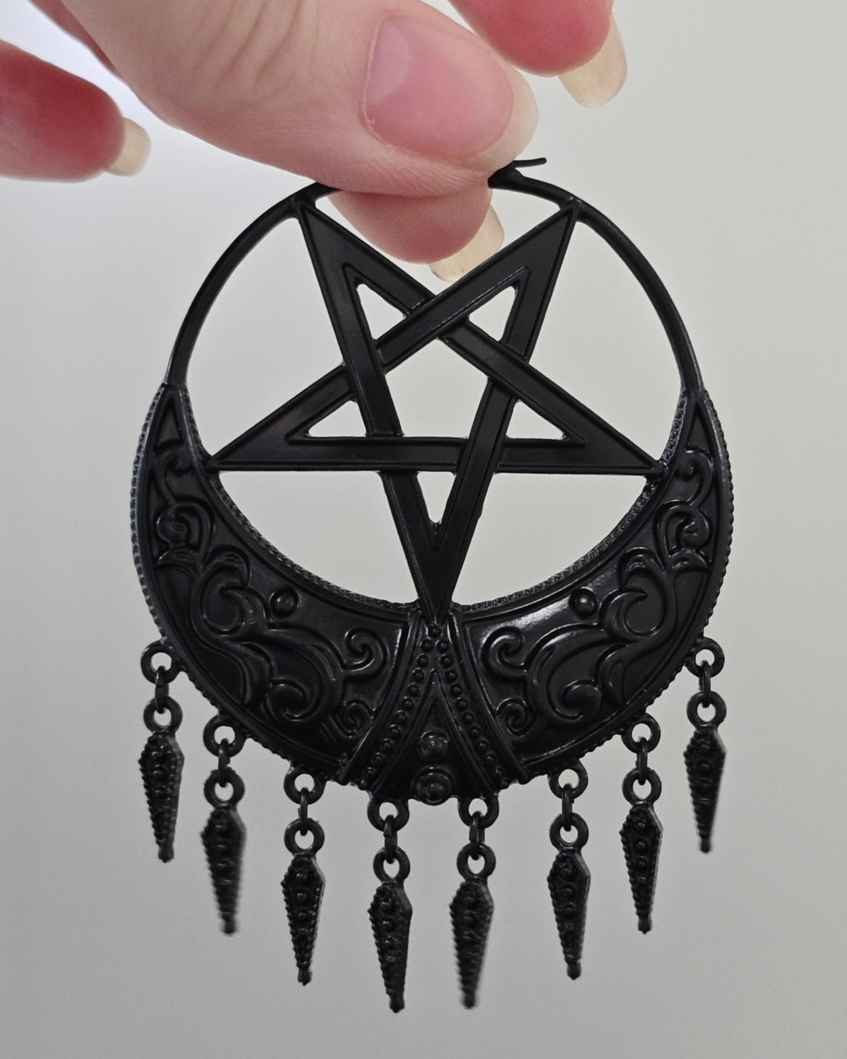 Title: Killstar Ancestral Night Matte Black Pentagram Crescent Fringe Hoop Earrings