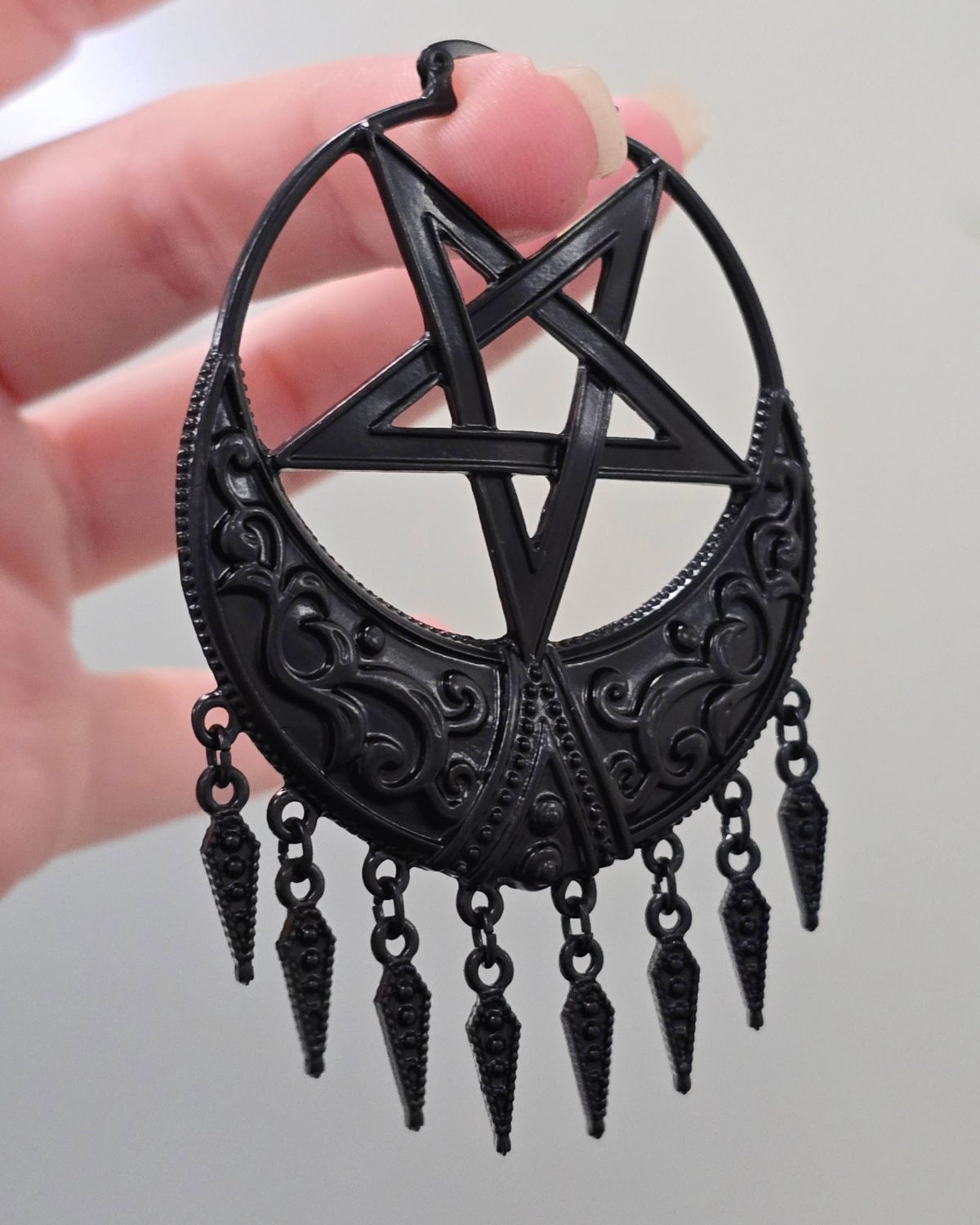 Title: Killstar Ancestral Night Matte Black Pentagram Crescent Fringe Hoop Earrings