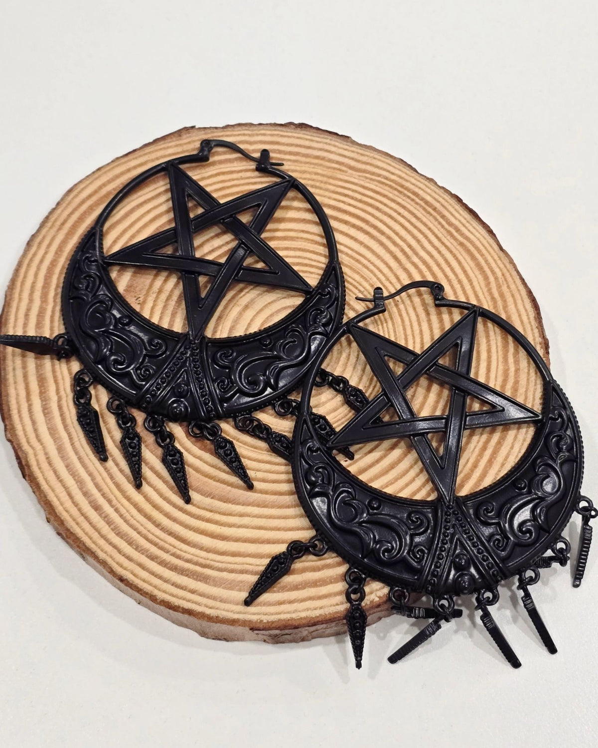 Title: Killstar Ancestral Night Matte Black Pentagram Crescent Fringe Hoop Earrings