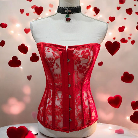 Red Lace Boning Corset Lace-up Top Sheer -  - Corset