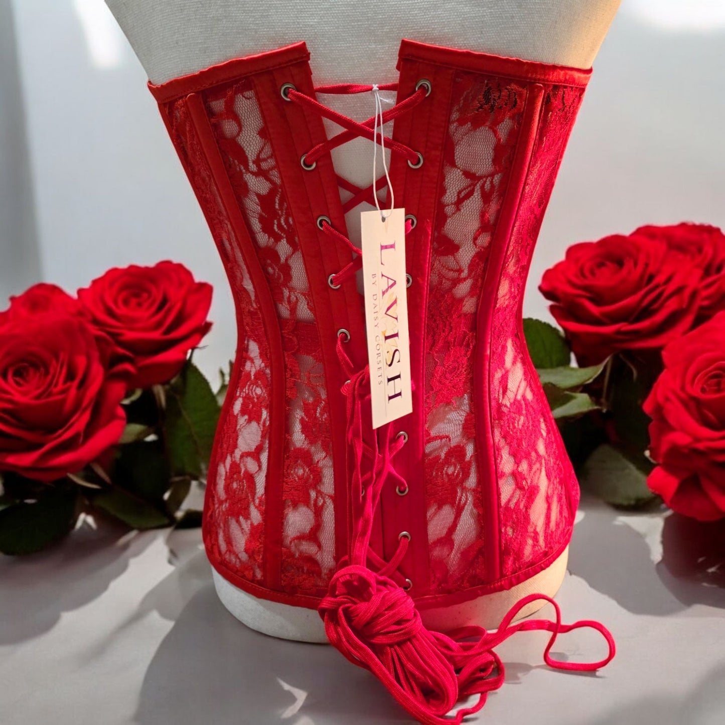 Red Lace Boning Corset Lace-up Top Sheer -  - Corset