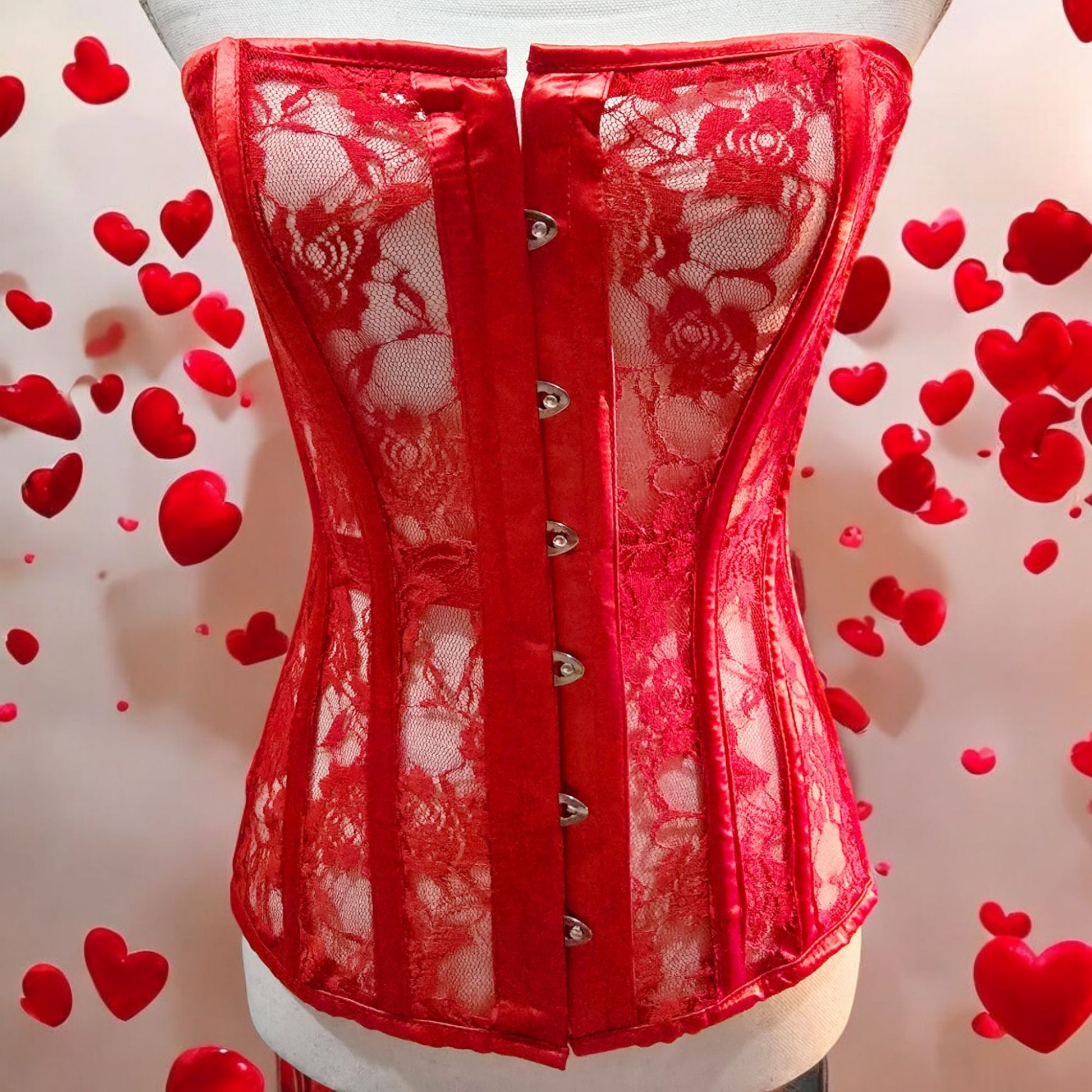 Red Lace Boning Corset Lace-up Top Sheer -  - Corset