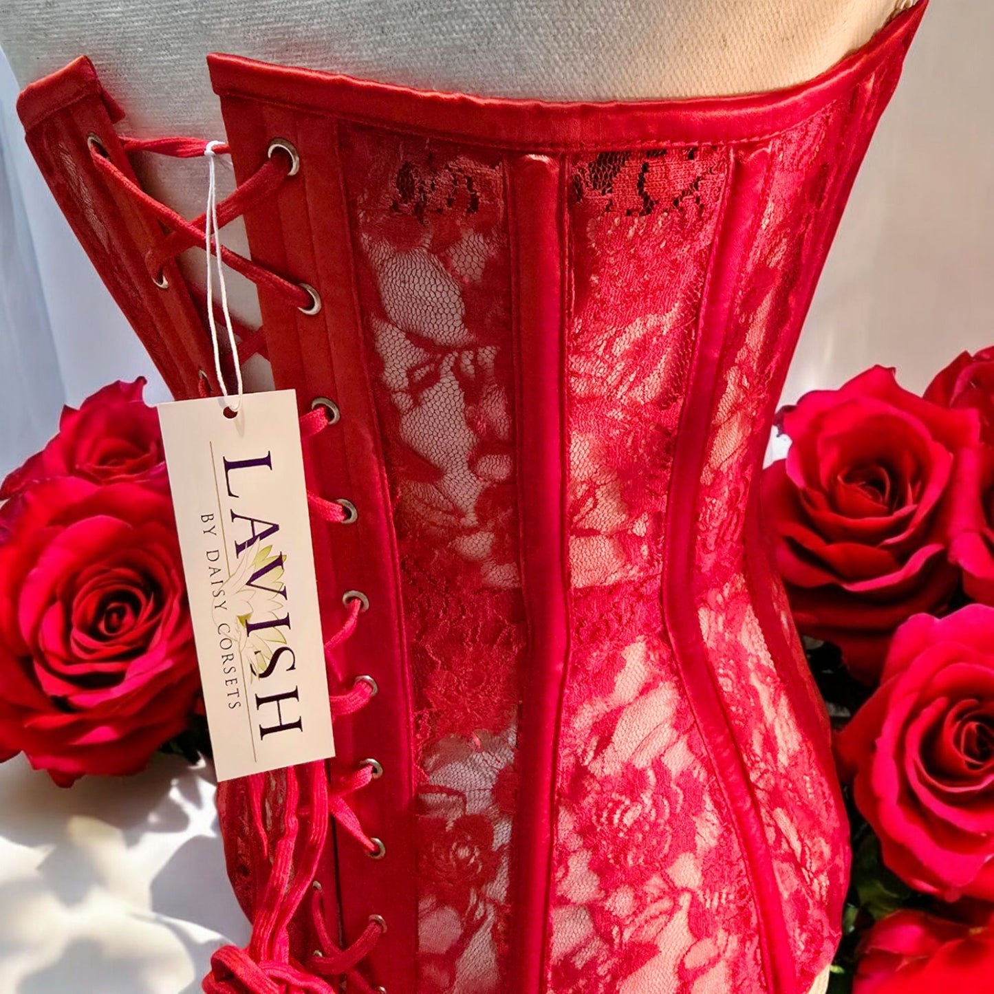 Red Lace Boning Corset Lace-up Top Sheer -  - Corset