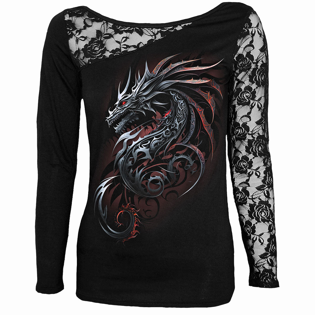 DRAGON SHARDS - Lace One Shoulder Top Black -  - Tops - Long Sleeve