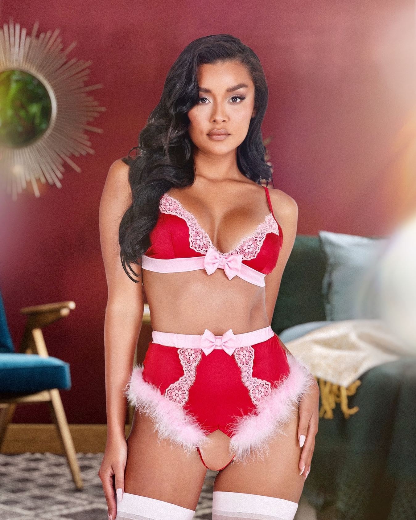 2pc Lace & Satin Marabou Bra Set -  - lingerie