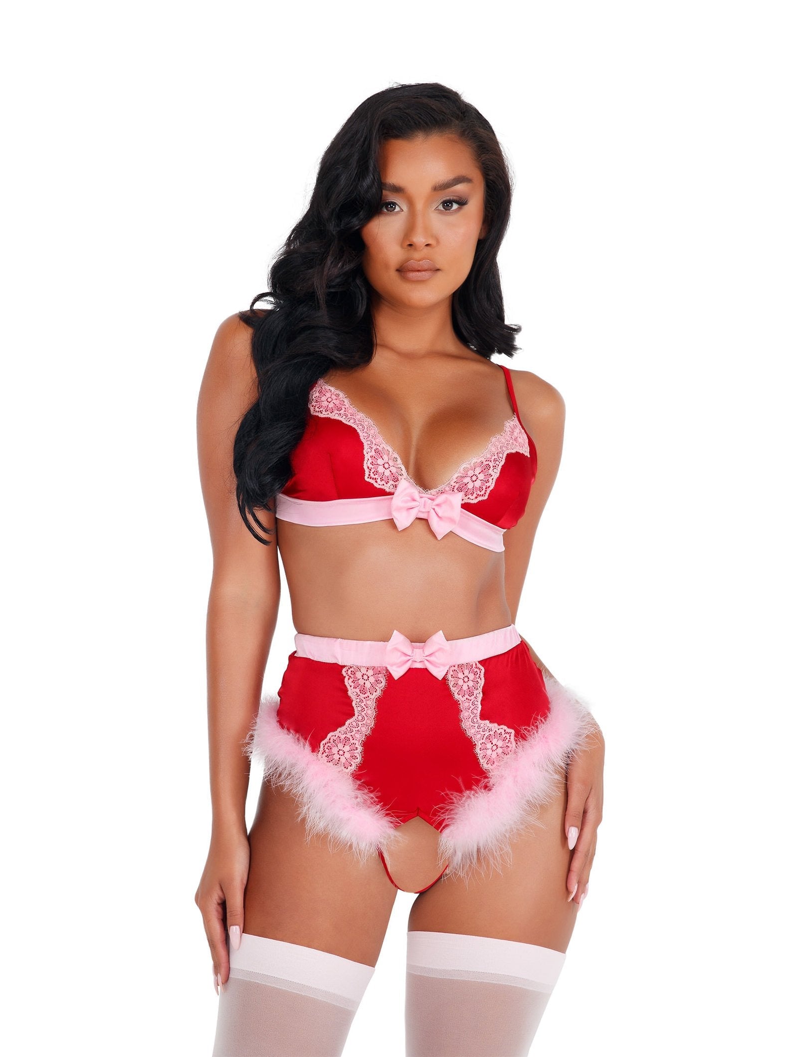 2pc Lace & Satin Marabou Bra Set -  - lingerie