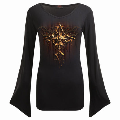 DRIPPING GOLD - V Neck Goth Sleeve Top Black -  - Tops - Long Sleeve