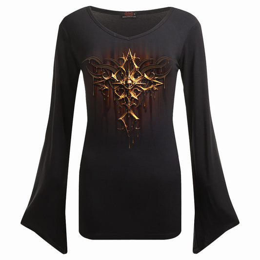 DRIPPING GOLD - V Neck Goth Sleeve Top Black -  - Tops - Long Sleeve