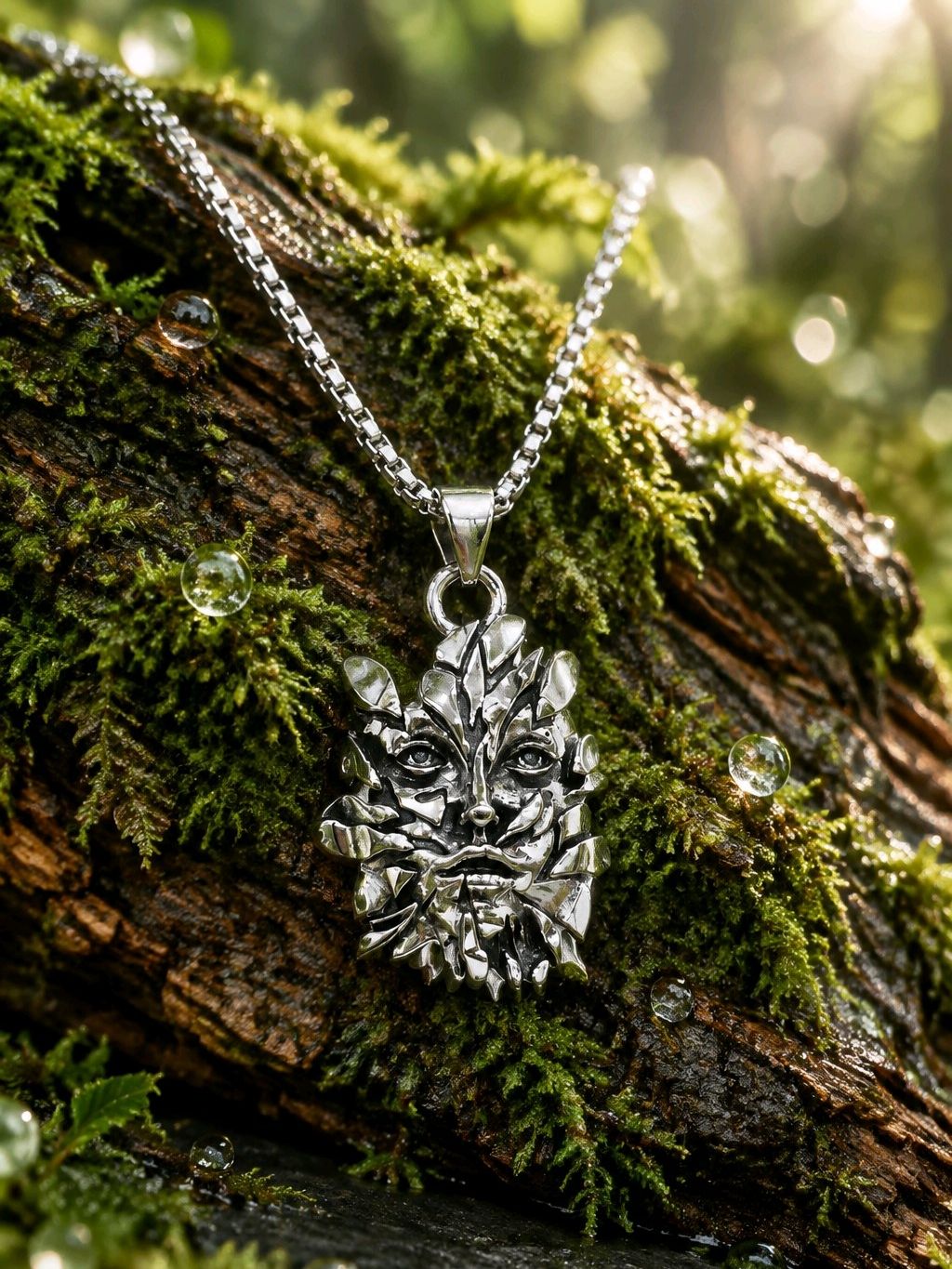 Green Man Pendant Necklace Stainless Steel Pagan Deity Foliage Jewelry 20"