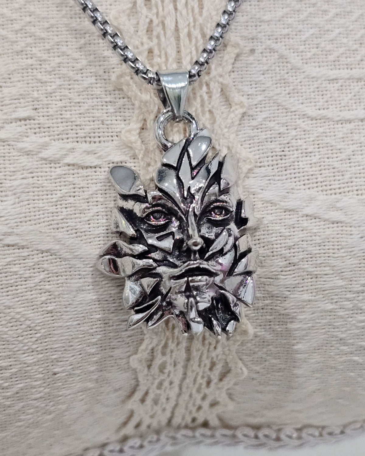 Green Man Pendant Necklace Stainless Steel Pagan Deity Foliage Jewelry 20"