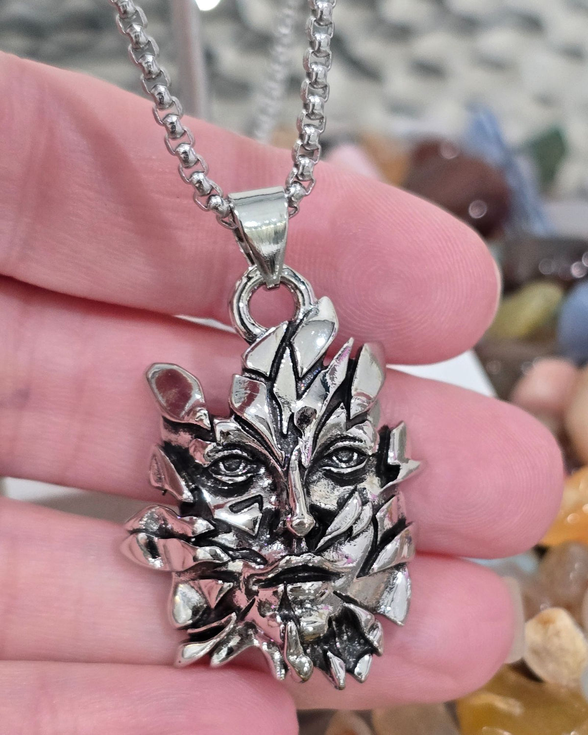 Green Man Pendant Necklace Stainless Steel Pagan Deity Foliage Jewelry 20"