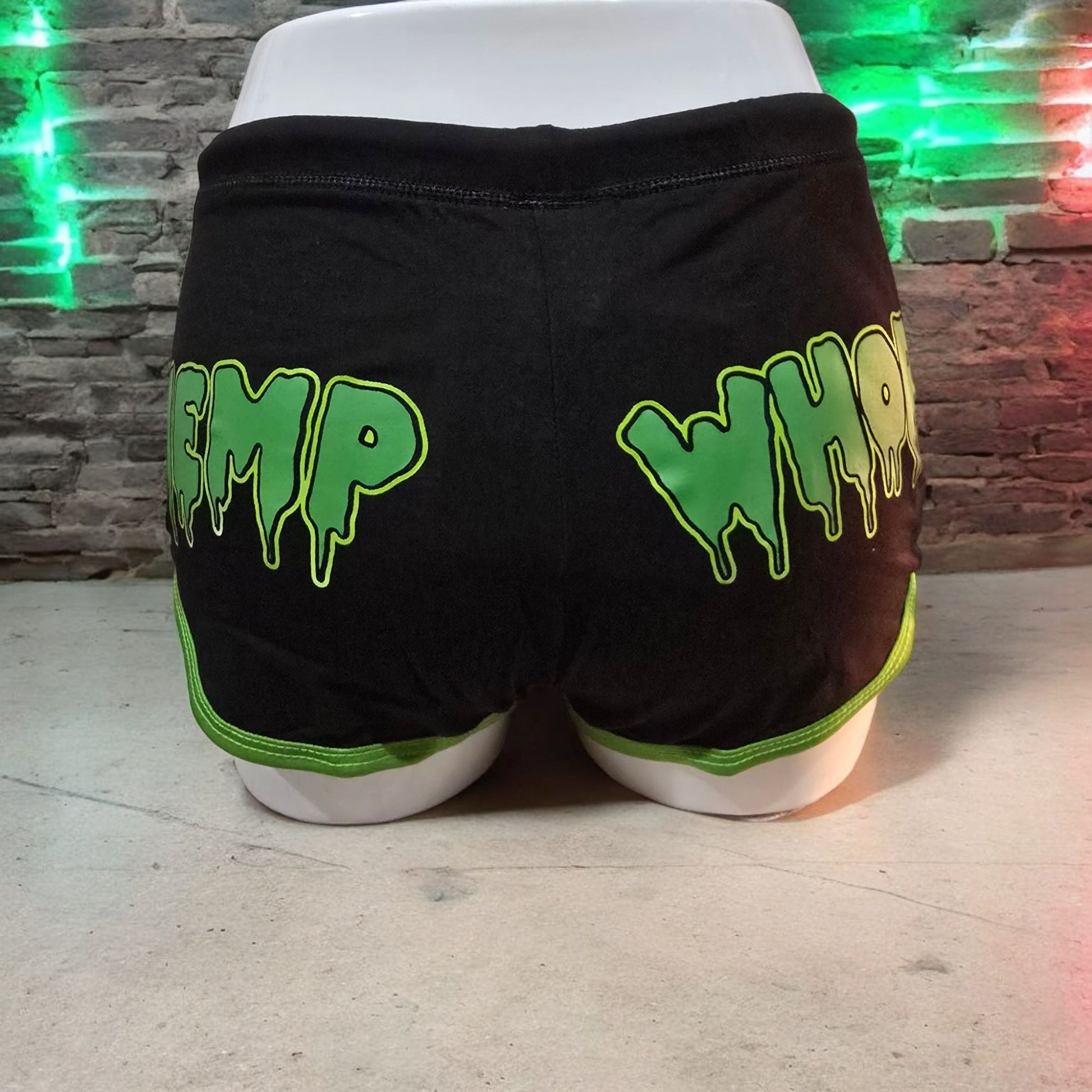 Booty Shorts Hemp Whore Graphic Black & Green Stretchy -  - Shorts