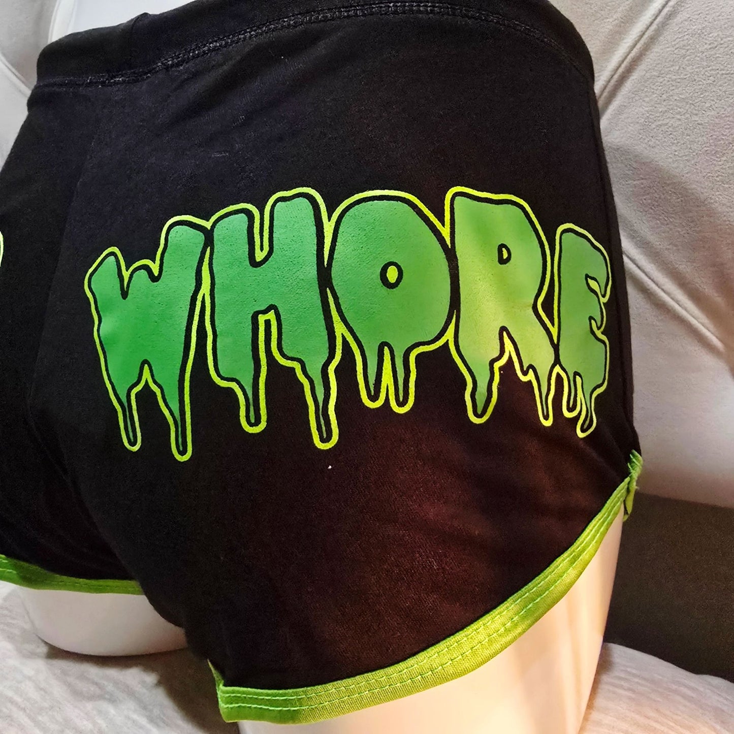 Booty Shorts Hemp Whore Graphic Black & Green Stretchy -  - Shorts
