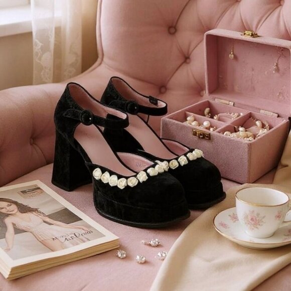 Black Velvet Rose Appliqué Platform Mary Janes with Chunky Heel