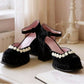 Black Velvet Rose Appliqué Platform Mary Janes with Chunky Heel