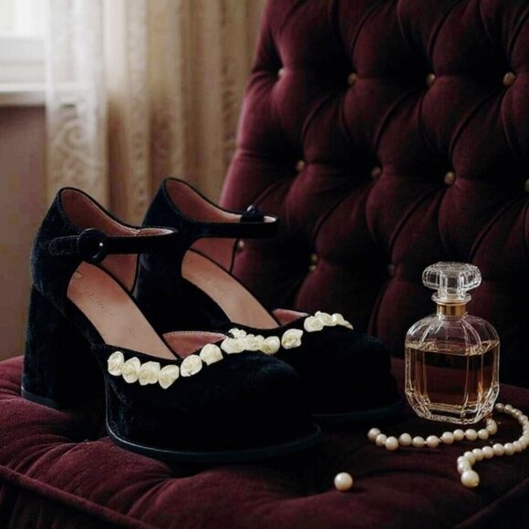 Black Velvet Rose Appliqué Platform Mary Janes with Chunky Heel
