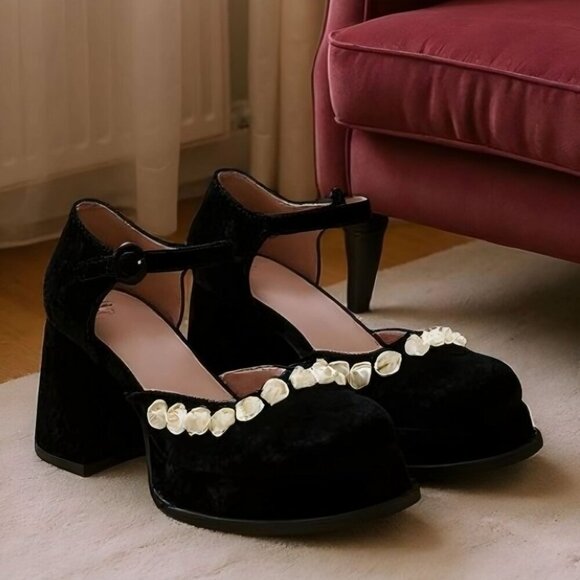 Black Velvet Rose Appliqué Platform Mary Janes with Chunky Heel