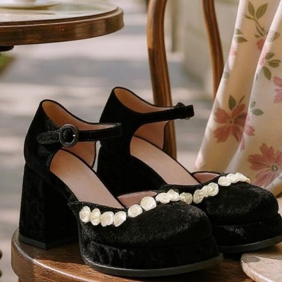 Black Velvet Rose Appliqué Platform Mary Janes with Chunky Heel