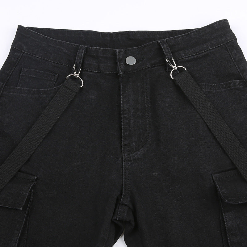Shadow Veil Streetwear Trousers | Black Straps Pockets Pants - A Gothic Universe - Pants