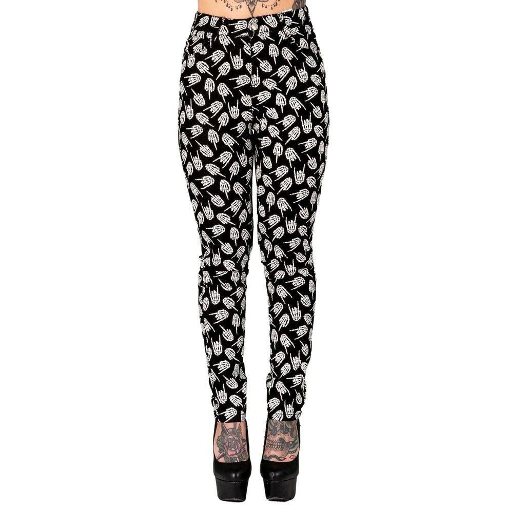 Up Yours Skeleton Hand High Rise Jeans Black & White Pattern L
