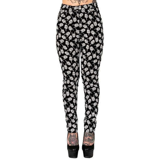 Up Yours Skeleton Hand High Rise Jeans Black & White Pattern L