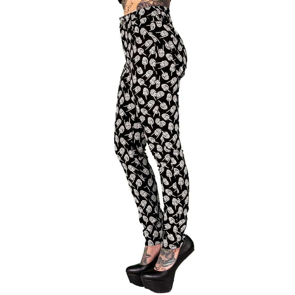 Up Yours Skeleton Hand High Rise Jeans Black & White Pattern L